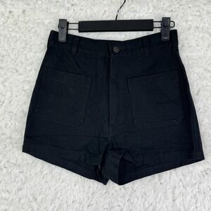 Landers Womens XS Black Canvas 100% Cotton Pockets Button Flat Front Shorts‎
